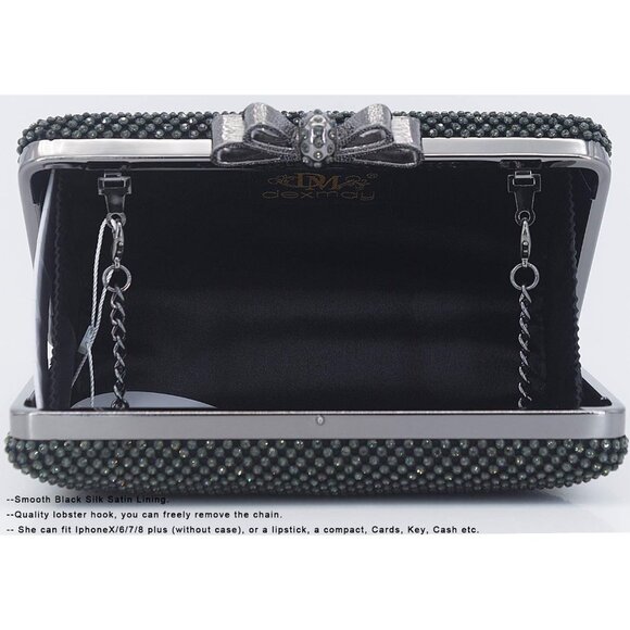 ⚡ Women's Rhinestone Crystal Bow Clasp Metal Chain Evening Black Clutch Handbag - Picture 5 of 7